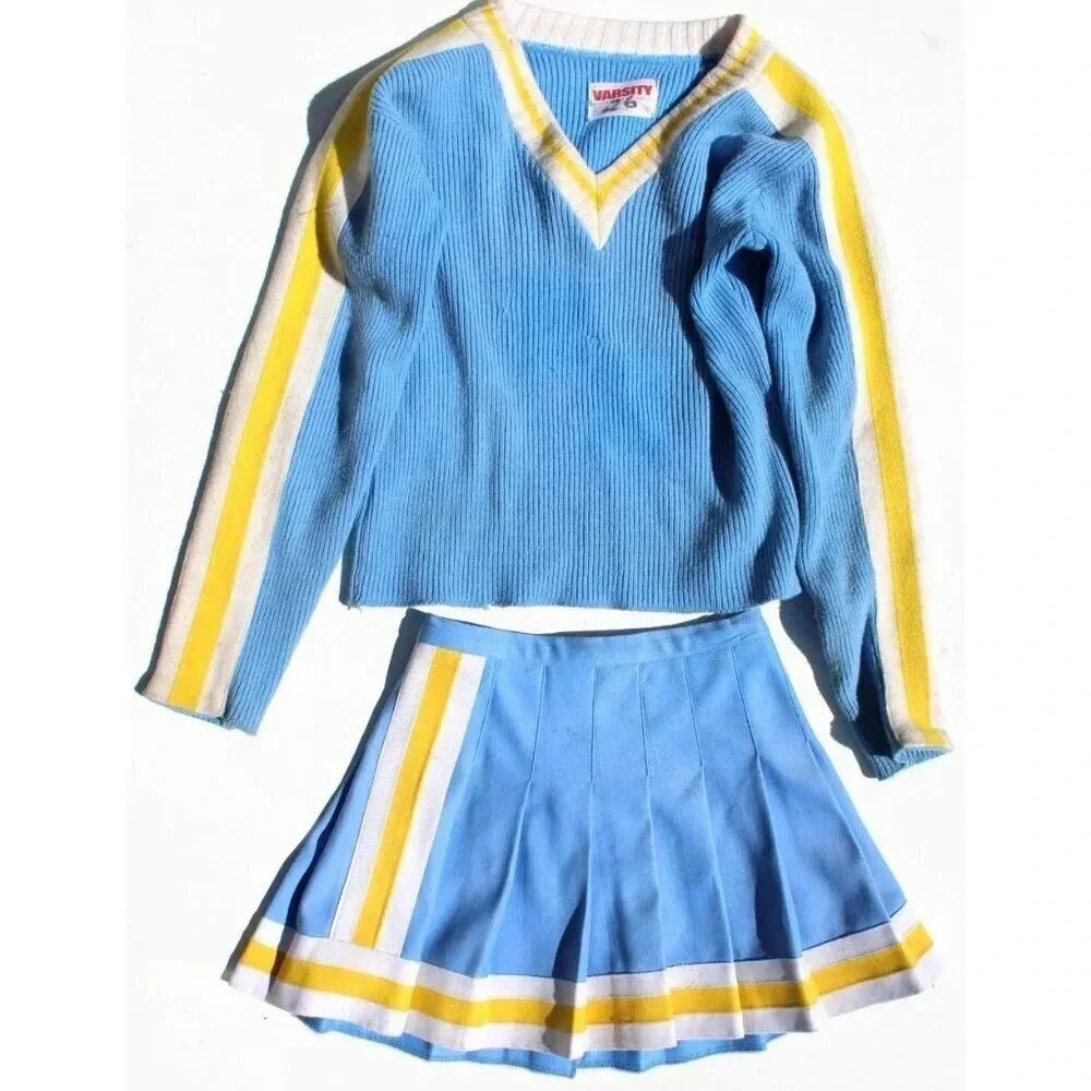 Vtg 1950s Blue / Yellow Varsity Brand High School Cheerleading 2 Piece Outfit